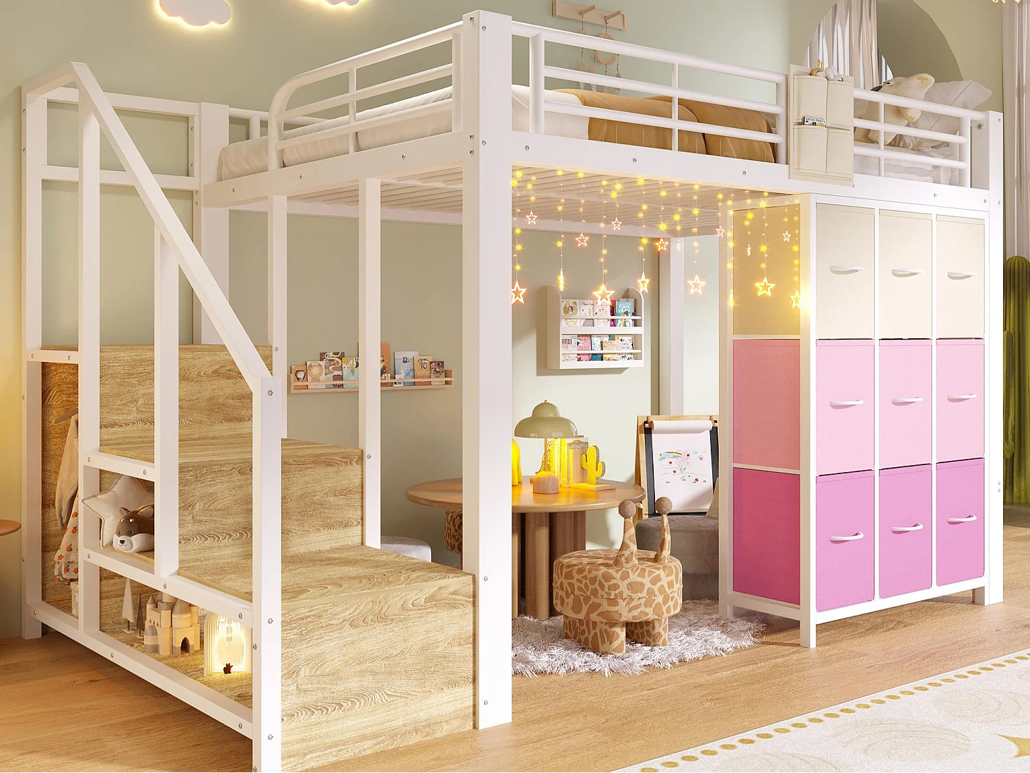 Lit mezzanine 140×200 cm - Métal - Avec tiroirs - Avec penderie - Avec escalier de rangement - Blanc (matelas non inclus)