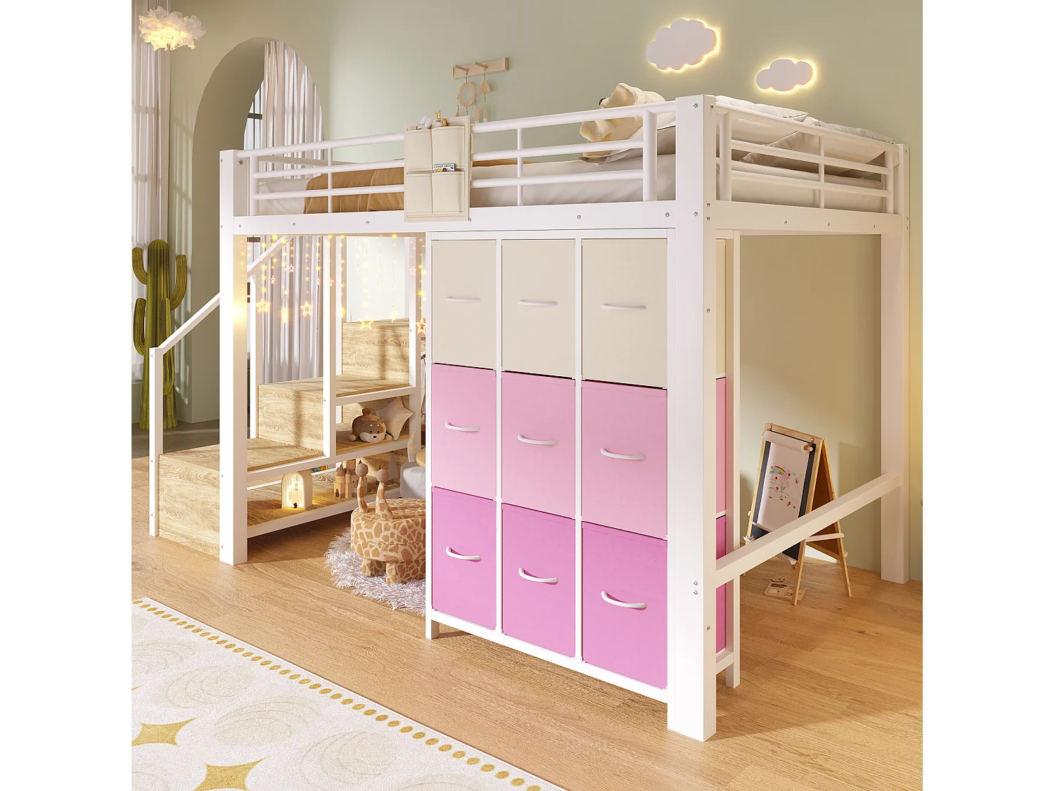 Lit mezzanine 140×200 cm - Métal - Avec tiroirs - Avec penderie - Avec escalier de rangement - Blanc (matelas non inclus)