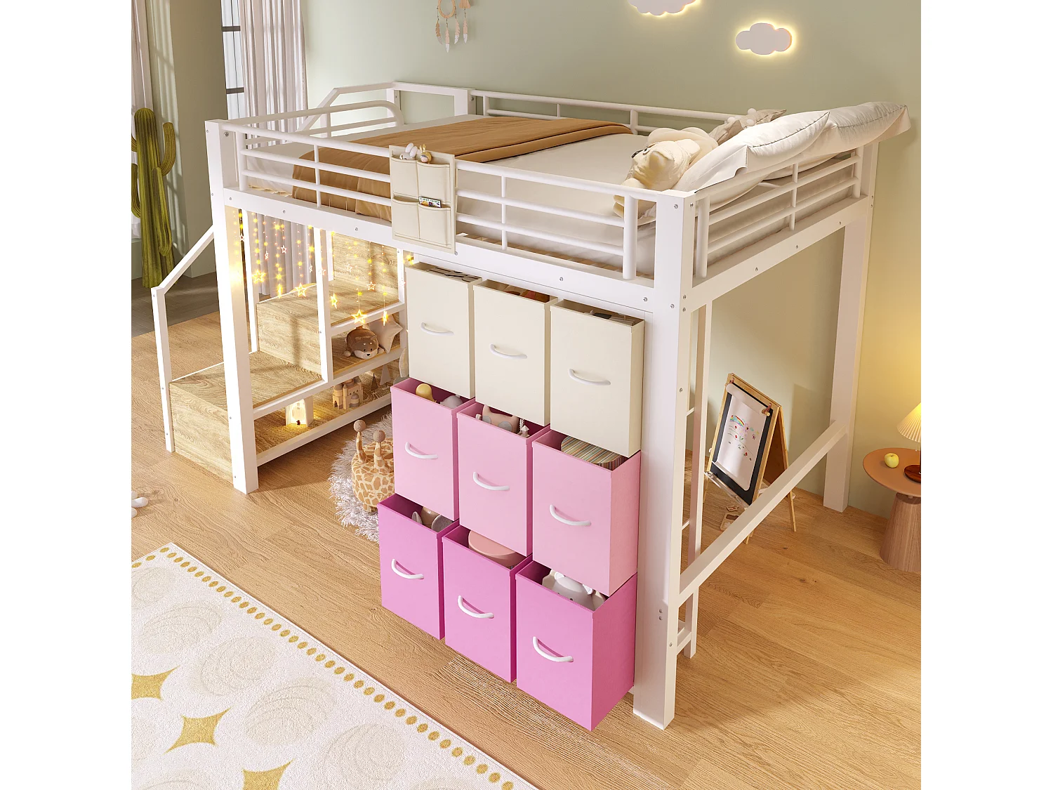 Lit mezzanine 140×200 cm - Métal - Avec tiroirs - Avec penderie - Avec escalier de rangement - Blanc (matelas non inclus)