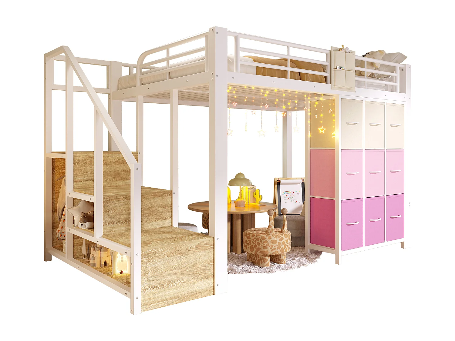 Lit mezzanine 140×200 cm - Métal - Avec tiroirs - Avec penderie - Avec escalier de rangement - Blanc (matelas non inclus)