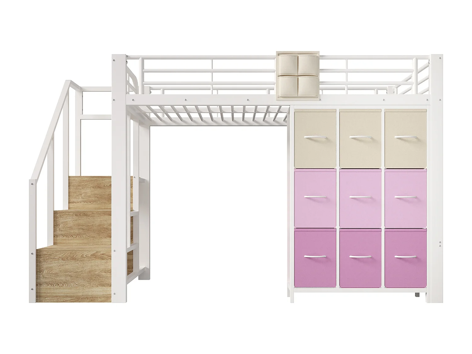 Lit mezzanine 140×200 cm - Métal - Avec tiroirs - Avec penderie - Avec escalier de rangement - Blanc (matelas non inclus)