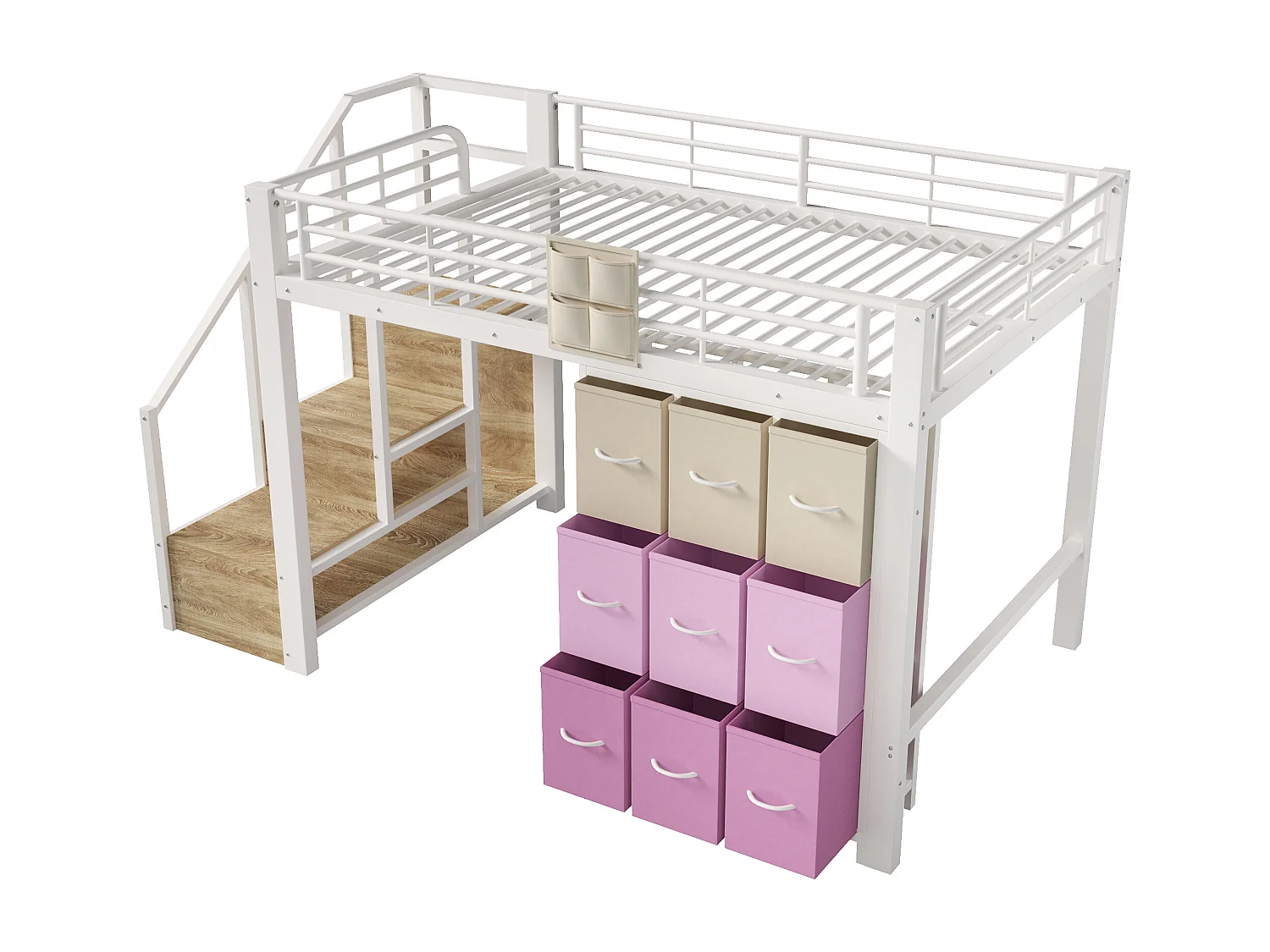 Lit mezzanine 140×200 cm - Métal - Avec tiroirs - Avec penderie - Avec escalier de rangement - Blanc (matelas non inclus)