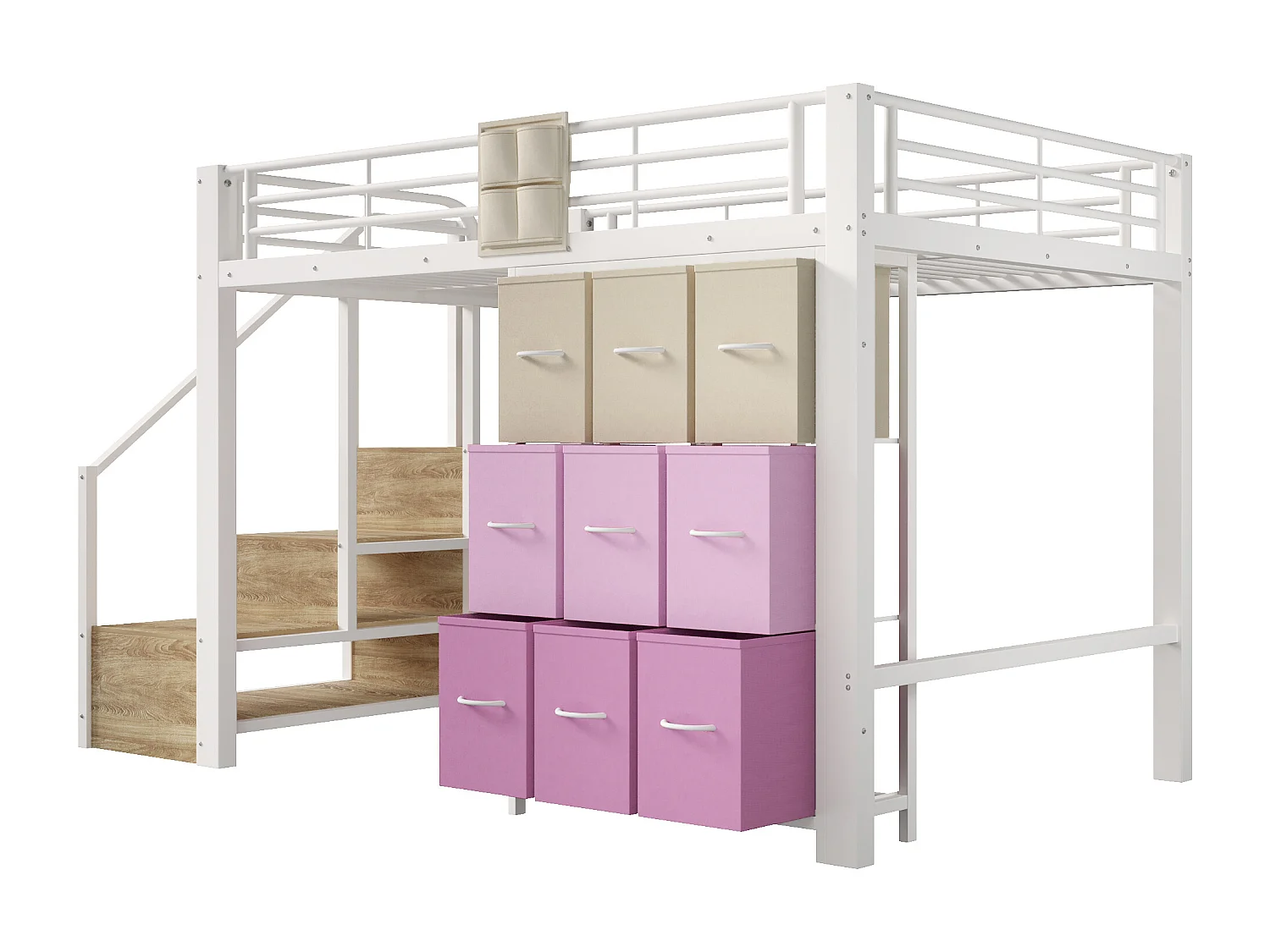 Lit mezzanine 140×200 cm - Métal - Avec tiroirs - Avec penderie - Avec escalier de rangement - Blanc (matelas non inclus)