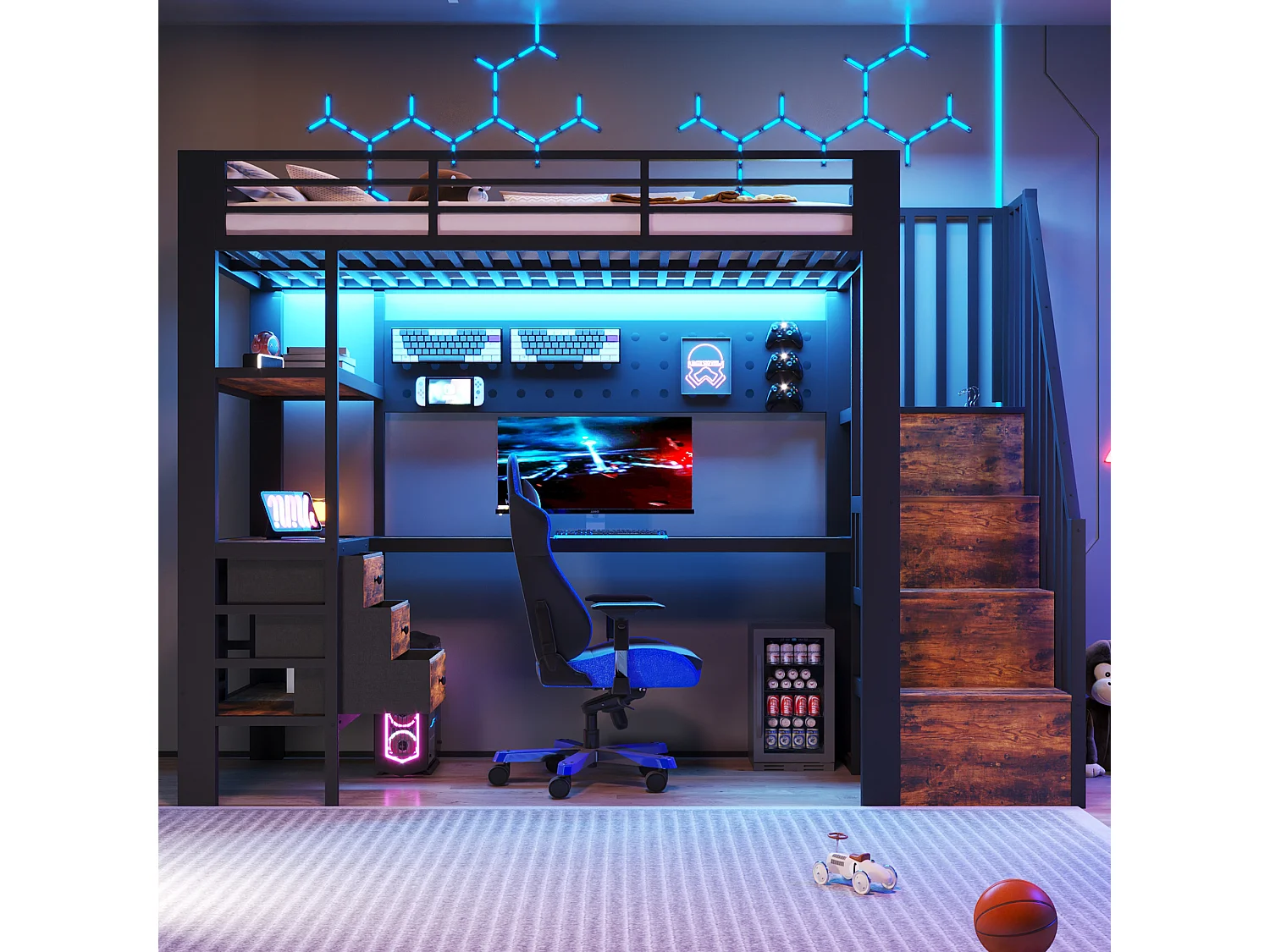 Hochbett 90 x 200 cm - Metallgestell - 3 Schubladen - Integrierter Tisch - Steckdose - LED-Beleuchtung - Schwarz​ (ohne Matratze)