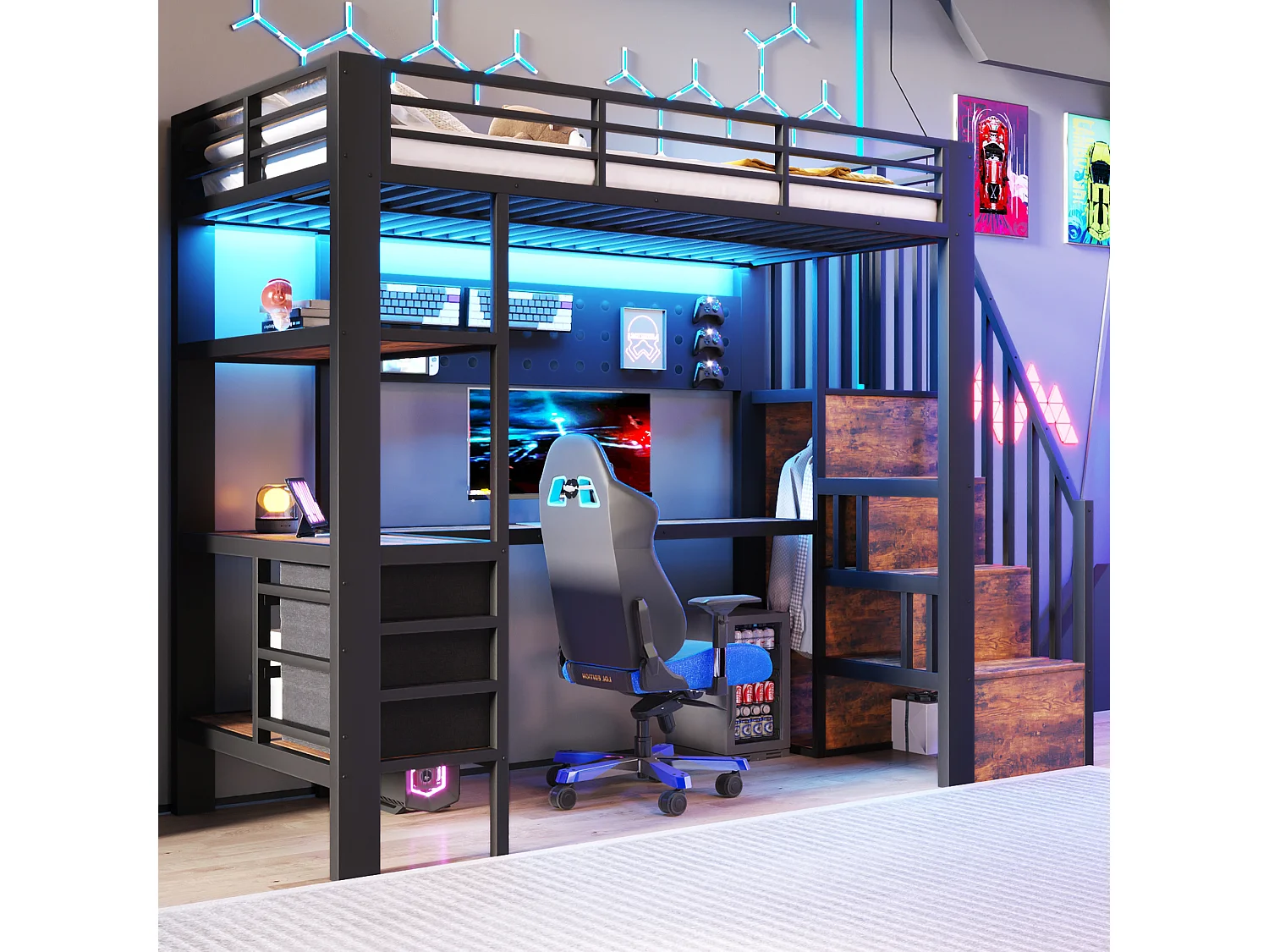 Hochbett 90 x 200 cm - Metallgestell - 3 Schubladen - Integrierter Tisch - Steckdose - LED-Beleuchtung - Schwarz​ (ohne Matratze)