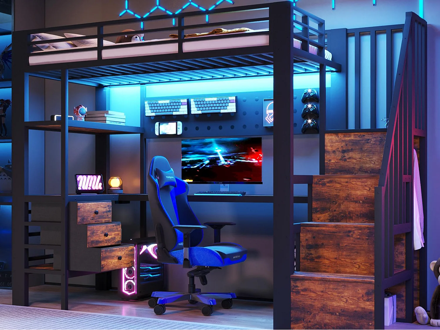 Hochbett 90 x 200 cm - Metallgestell - 3 Schubladen - Integrierter Tisch - Steckdose - LED-Beleuchtung - Schwarz​ (ohne Matratze)