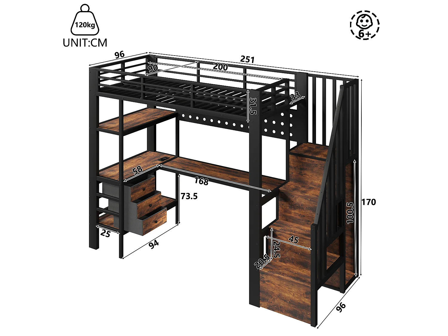 Hochbett 90 x 200 cm - Metallgestell - 3 Schubladen - Integrierter Tisch - Steckdose - LED-Beleuchtung - Schwarz​ (ohne Matratze)