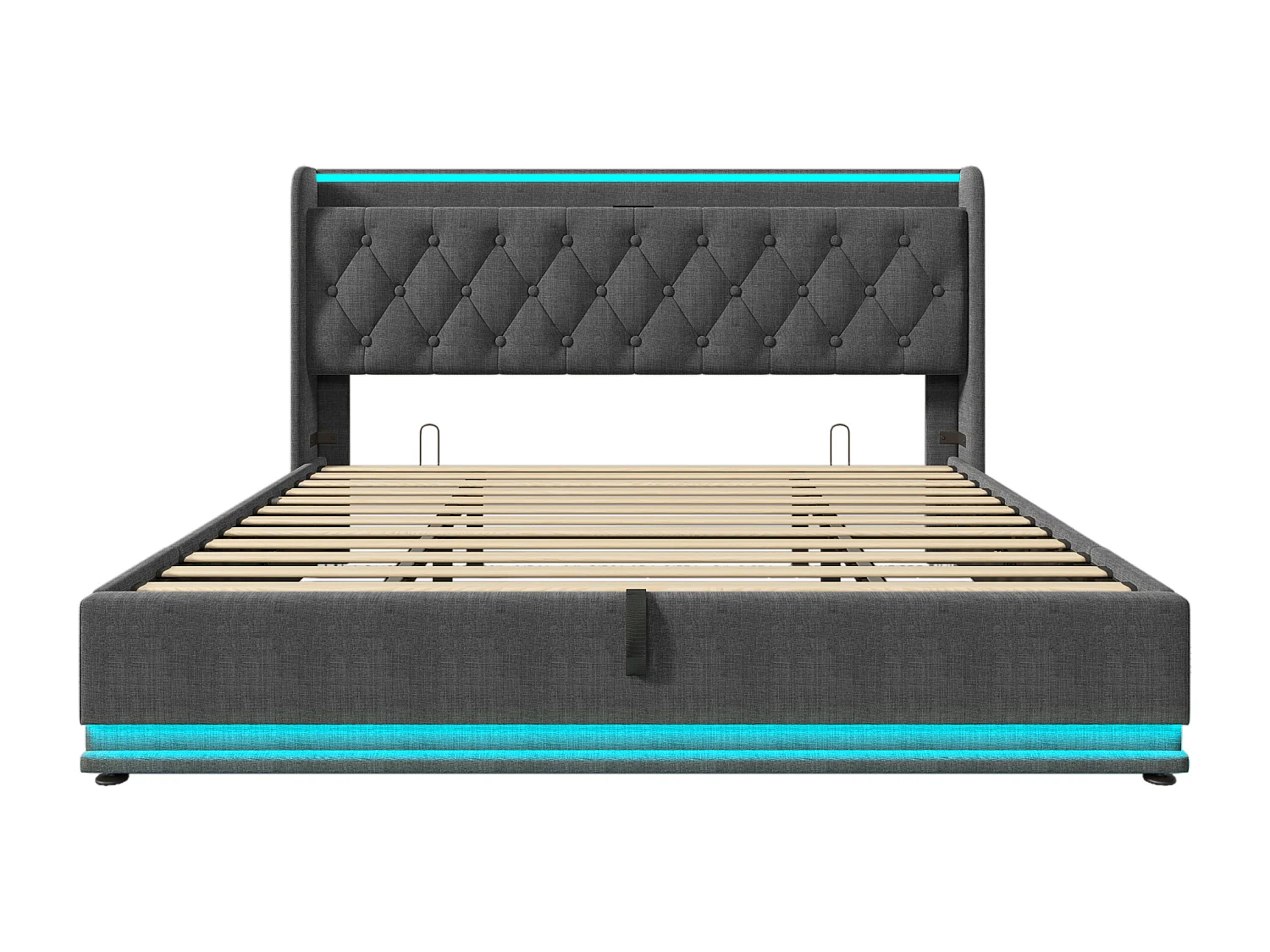 Gepolstertes Stauraumbett – 180 x 200 cm – mit LED-Beleuchtung, hydraulischem Stauraum und USB-Anschluss – Leinenbezug – grau