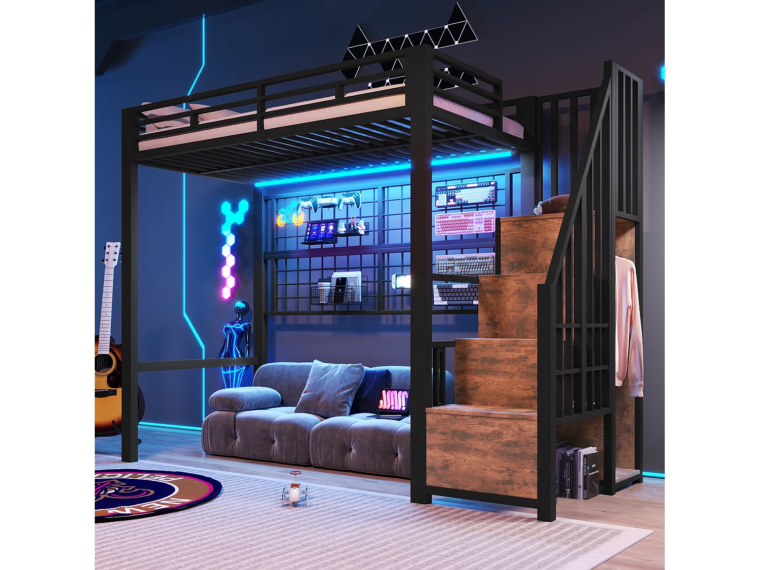 Lit mezzanine 90 x 200 cm - Structure en fer - Avec armoire - Échelle de rangement - Éclairage LED - noir (matelas non inclus)