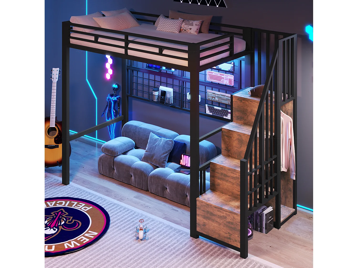 Lit mezzanine 90 x 200 cm - Structure en fer - Avec armoire - Échelle de rangement - Éclairage LED - noir (matelas non inclus)