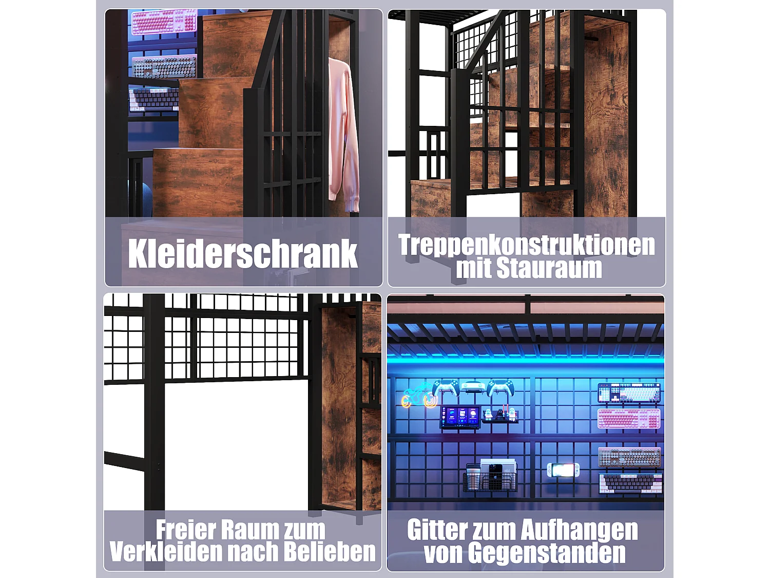 Lit mezzanine 90 x 200 cm - Structure en fer - Avec armoire - Échelle de rangement - Éclairage LED - noir (matelas non inclus)