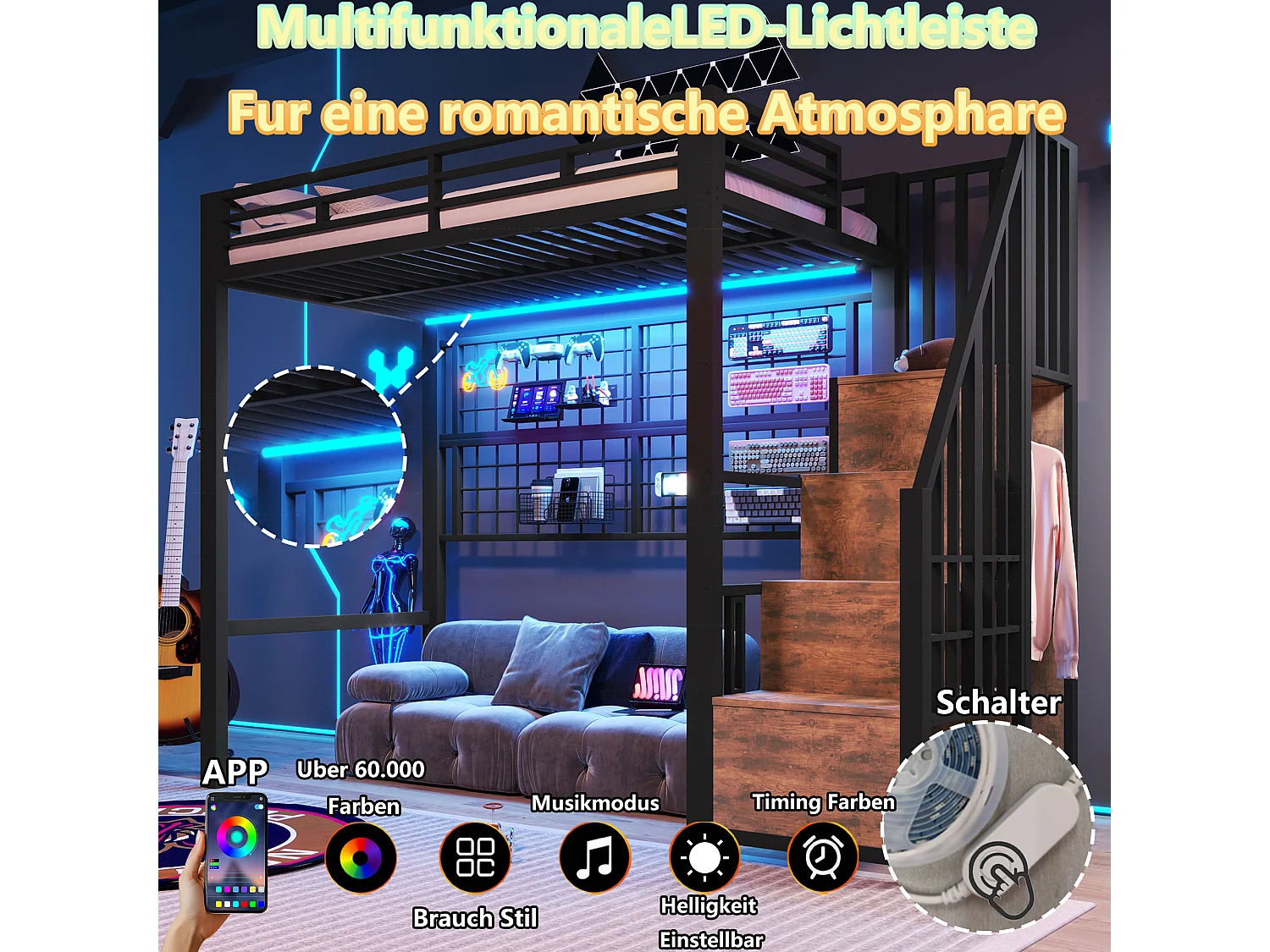 Lit mezzanine 90 x 200 cm - Structure en fer - Avec armoire - Échelle de rangement - Éclairage LED - noir (matelas non inclus)