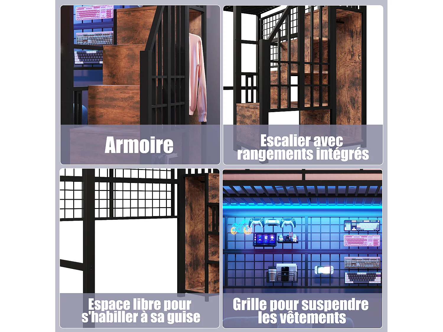 Lit mezzanine 90 x 200 cm - Structure en fer - Avec armoire - Échelle de rangement - Éclairage LED - noir (matelas non inclus)