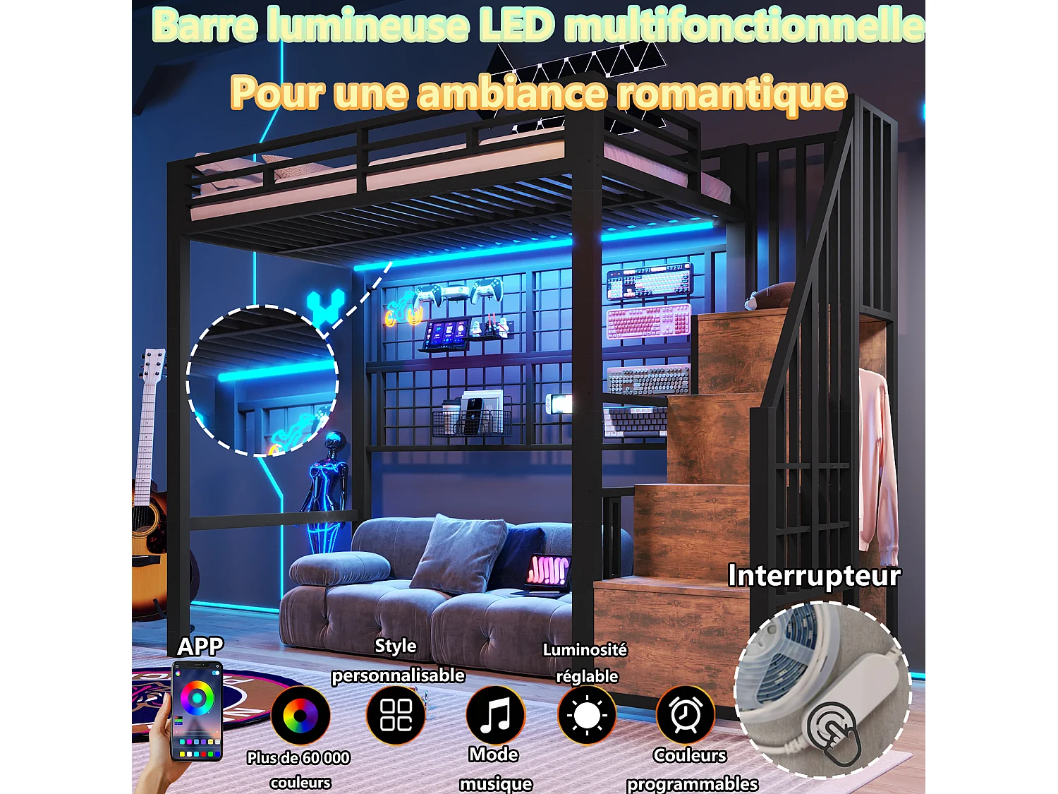 Lit mezzanine 90 x 200 cm - Structure en fer - Avec armoire - Échelle de rangement - Éclairage LED - noir (matelas non inclus)