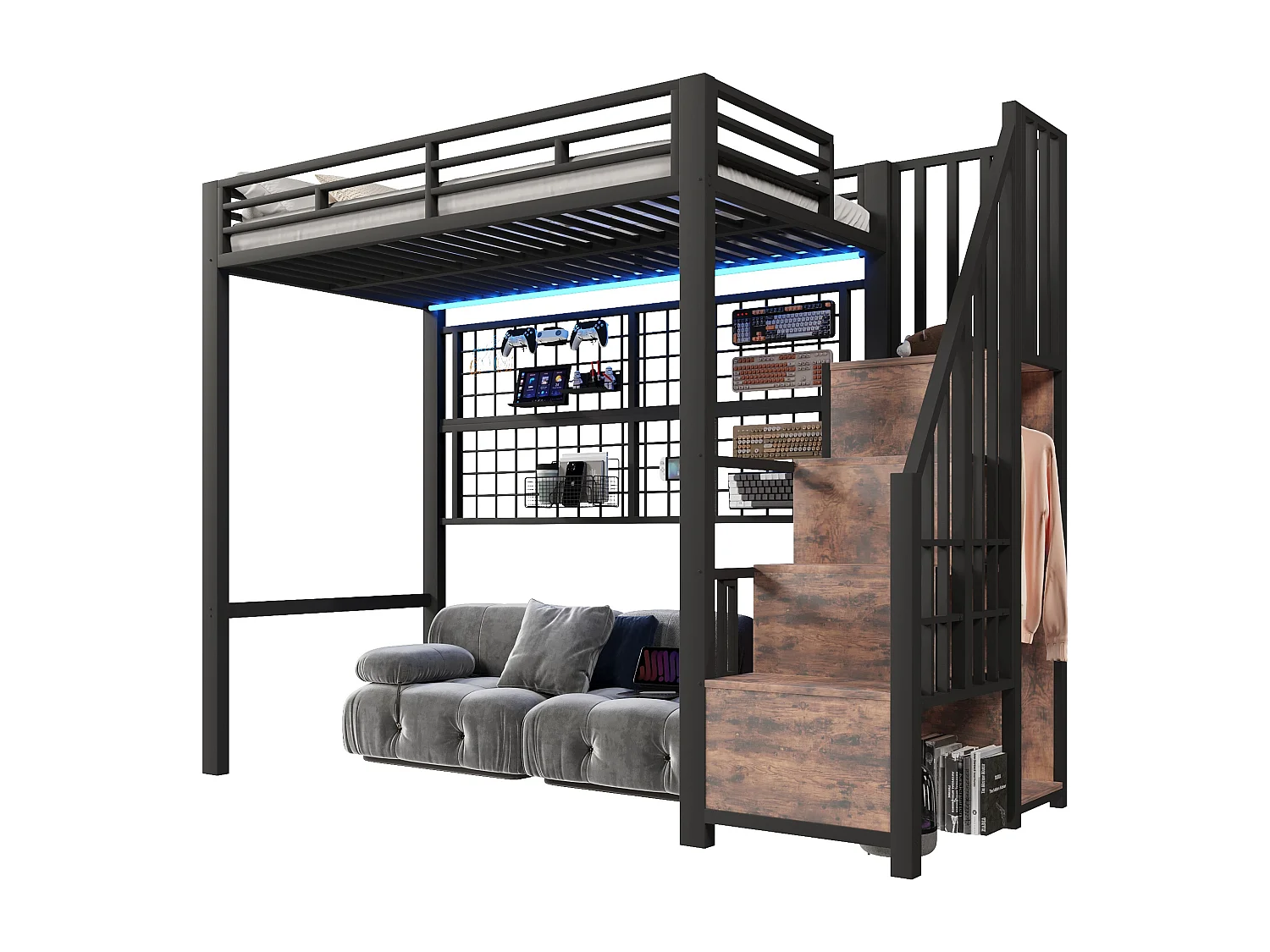 Lit mezzanine 90 x 200 cm - Structure en fer - Avec armoire - Échelle de rangement - Éclairage LED - noir (matelas non inclus)