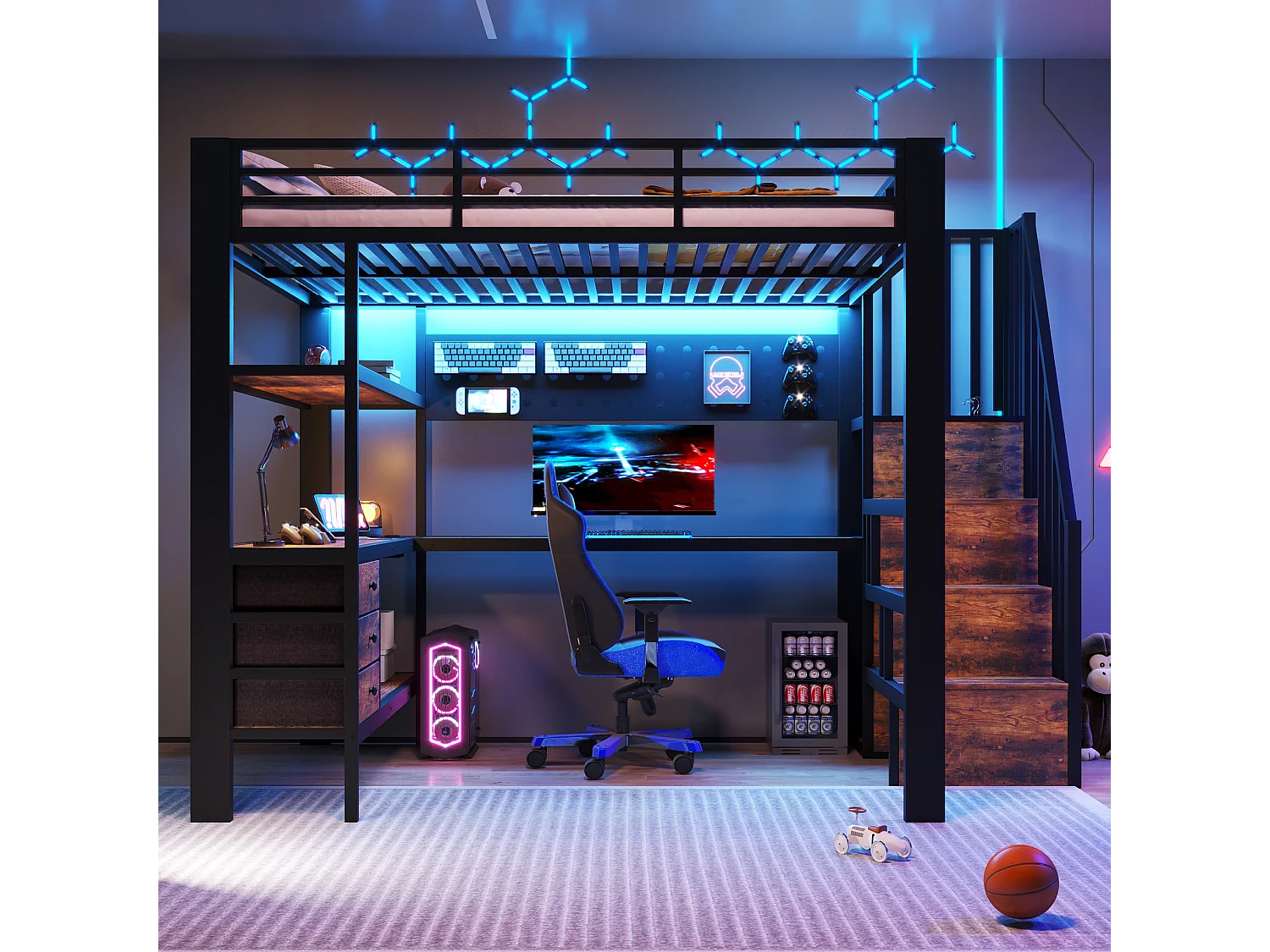 Lit mezzanine 140 x 200 cm - Structure en métal - 3 tiroirs - Table intégrée - Prise électrique - Éclairage LED - Noir (matelas non inclus)