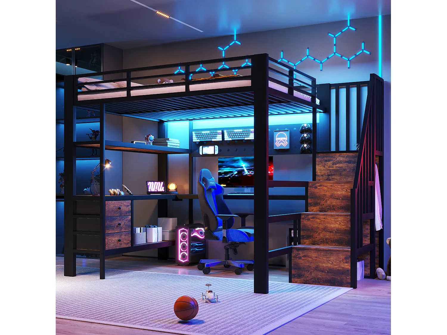 Lit mezzanine 140 x 200 cm - Structure en métal - 3 tiroirs - Table intégrée - Prise électrique - Éclairage LED - Noir (matelas non inclus)