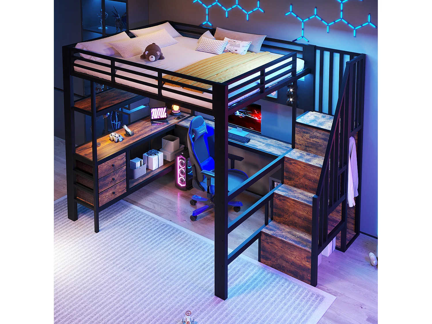 Lit mezzanine 140 x 200 cm - Structure en métal - 3 tiroirs - Table intégrée - Prise électrique - Éclairage LED - Noir (matelas non inclus)