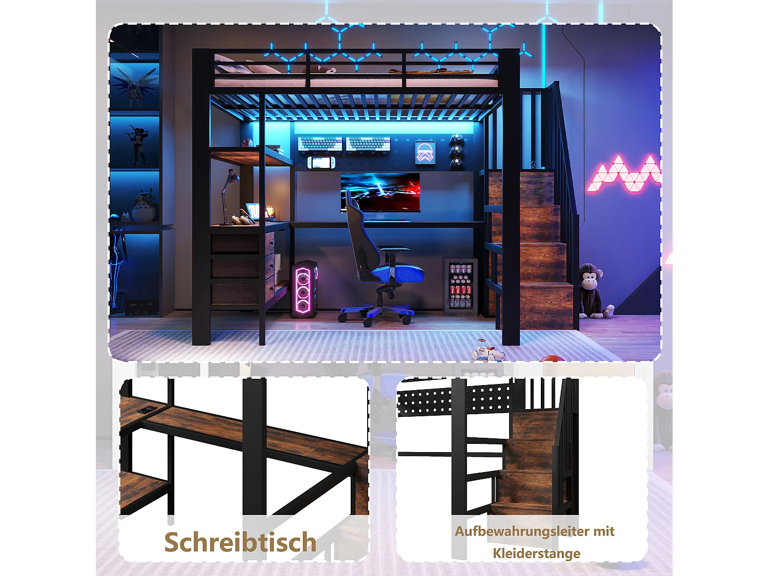 Lit mezzanine 140 x 200 cm - Structure en métal - 3 tiroirs - Table intégrée - Prise électrique - Éclairage LED - Noir (matelas non inclus)
