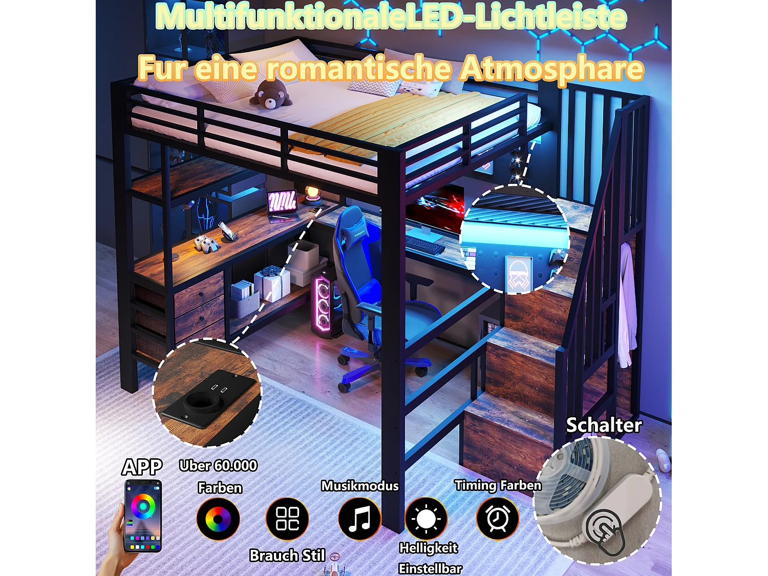 Lit mezzanine 140 x 200 cm - Structure en métal - 3 tiroirs - Table intégrée - Prise électrique - Éclairage LED - Noir (matelas non inclus)