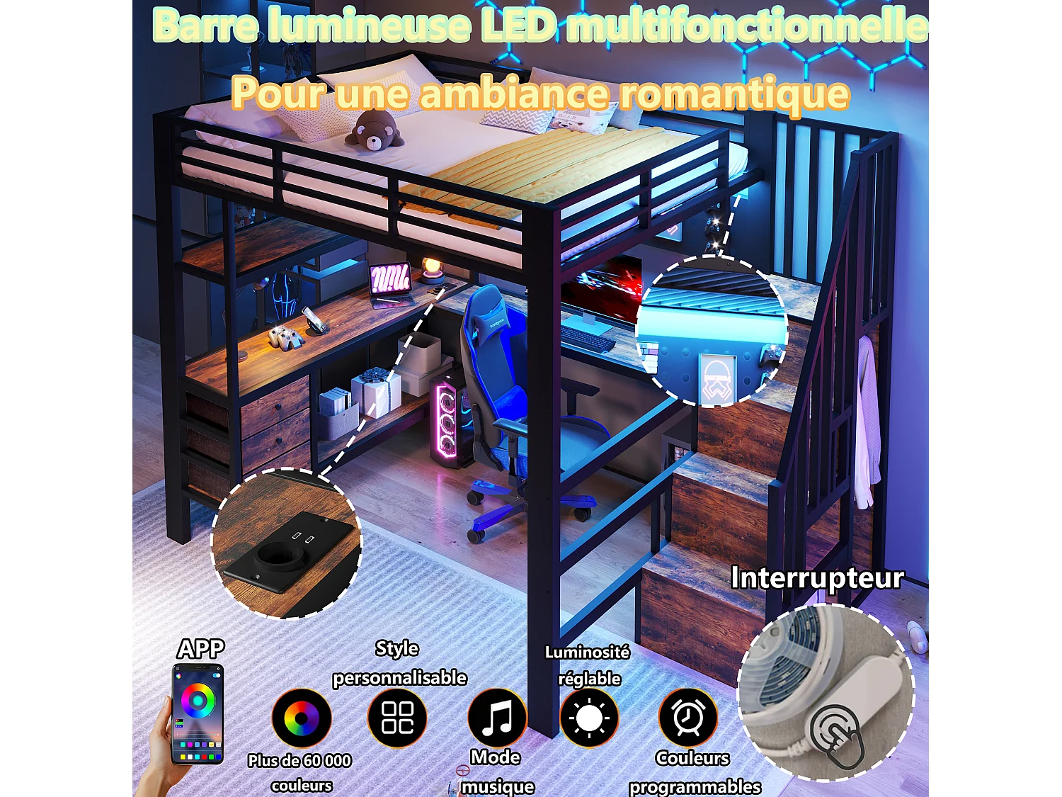 Lit mezzanine 140 x 200 cm - Structure en métal - 3 tiroirs - Table intégrée - Prise électrique - Éclairage LED - Noir (matelas non inclus)