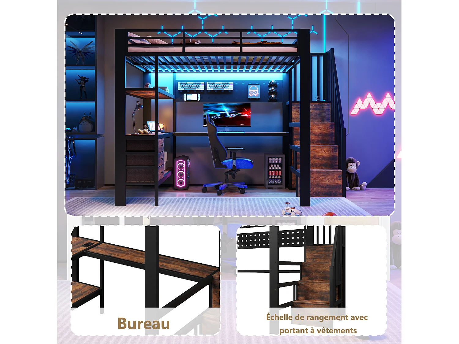 Lit mezzanine 140 x 200 cm - Structure en métal - 3 tiroirs - Table intégrée - Prise électrique - Éclairage LED - Noir (matelas non inclus)