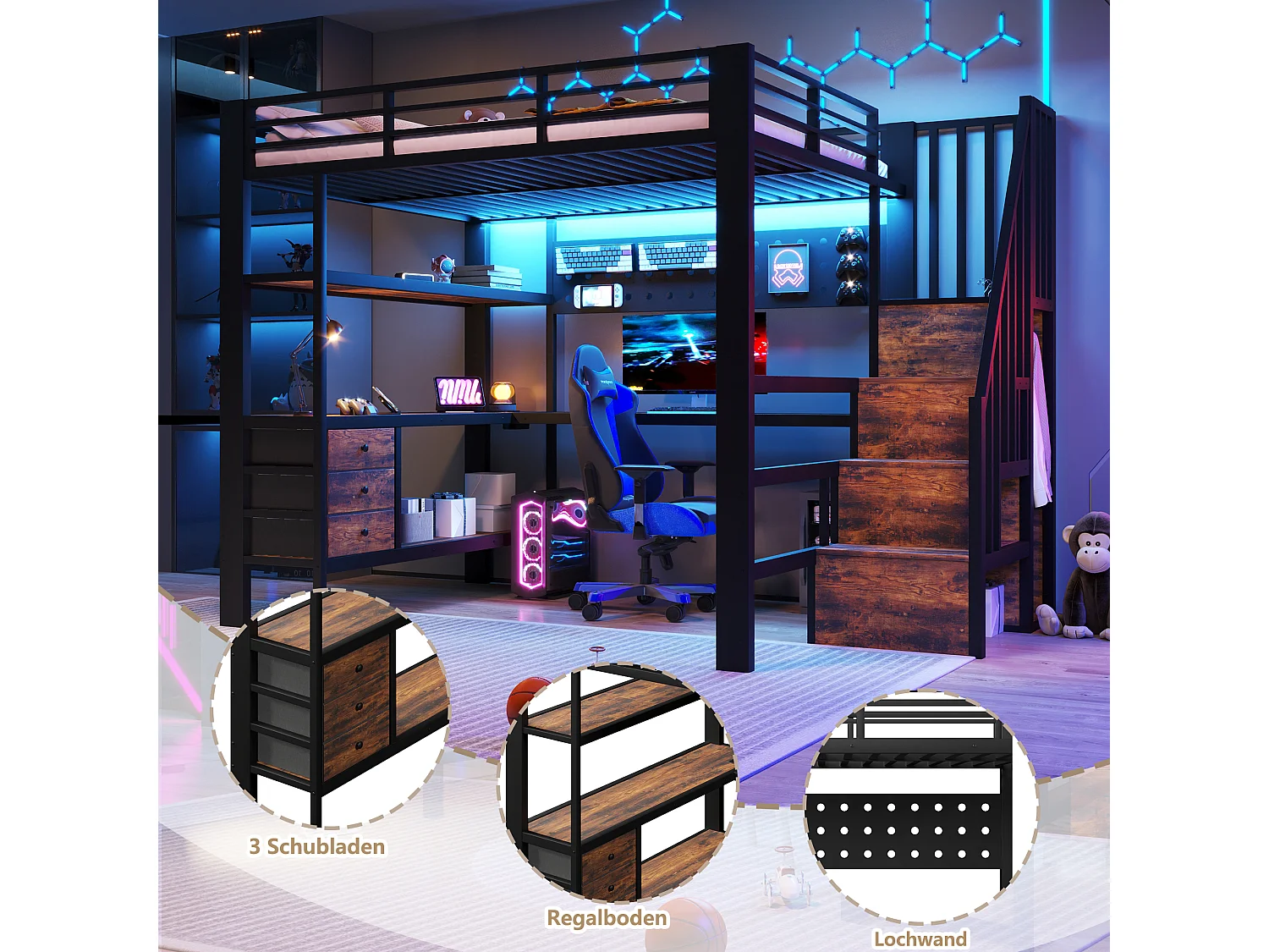 Lit mezzanine 140 x 200 cm - Structure en métal - 3 tiroirs - Table intégrée - Prise électrique - Éclairage LED - Noir (matelas non inclus)