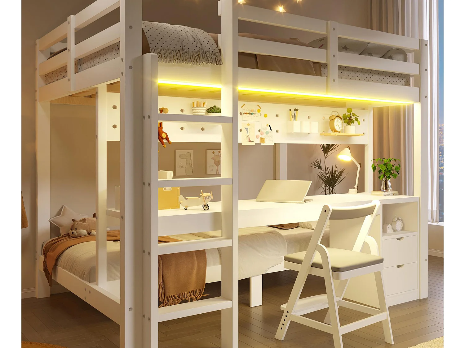 Etagenbett 90x200 cm + 140x200 cm - mit 2 Schubladen - mit Schreibtisch - mit LED-Beleuchtung - weiß​ (ohne Matratze)