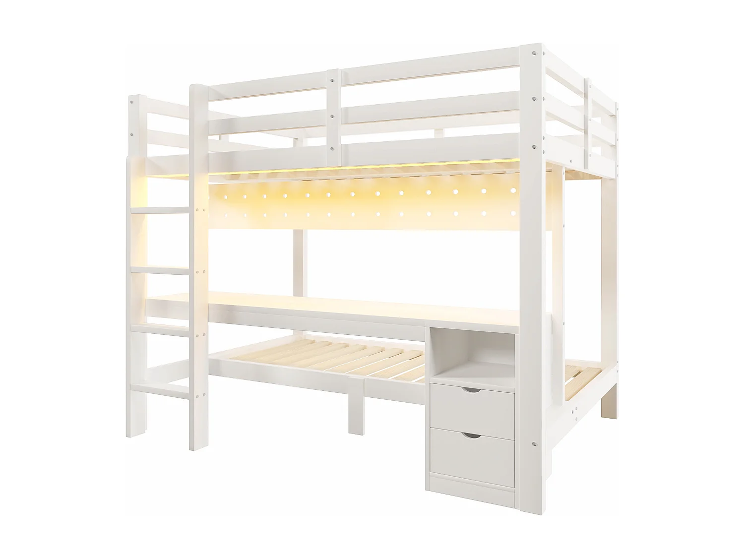 Etagenbett 90x200 cm + 140x200 cm - mit 2 Schubladen - mit Schreibtisch - mit LED-Beleuchtung - weiß​ (ohne Matratze)