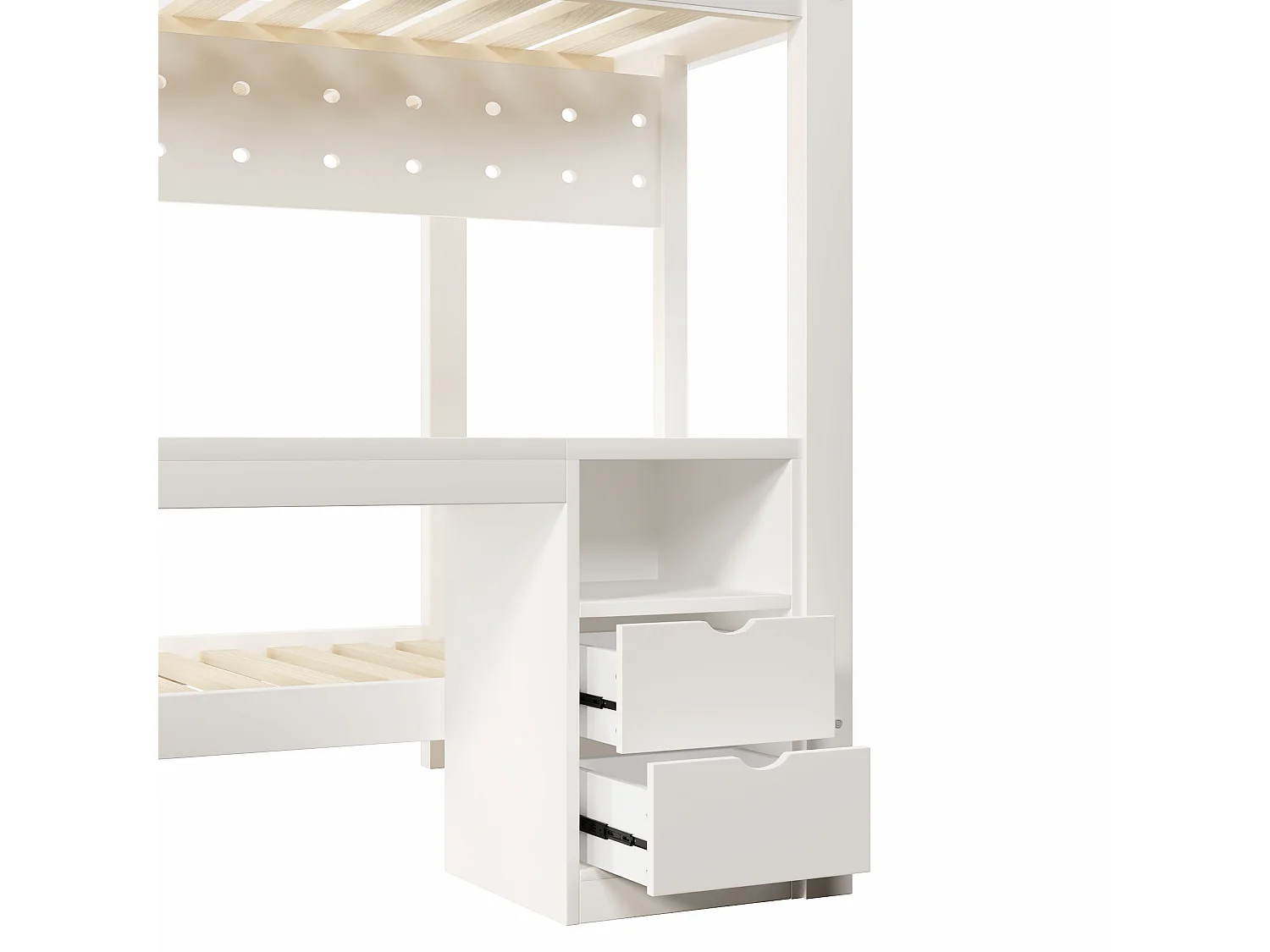 Etagenbett 90x200 cm + 140x200 cm - mit 2 Schubladen - mit Schreibtisch - mit LED-Beleuchtung - weiß​ (ohne Matratze)