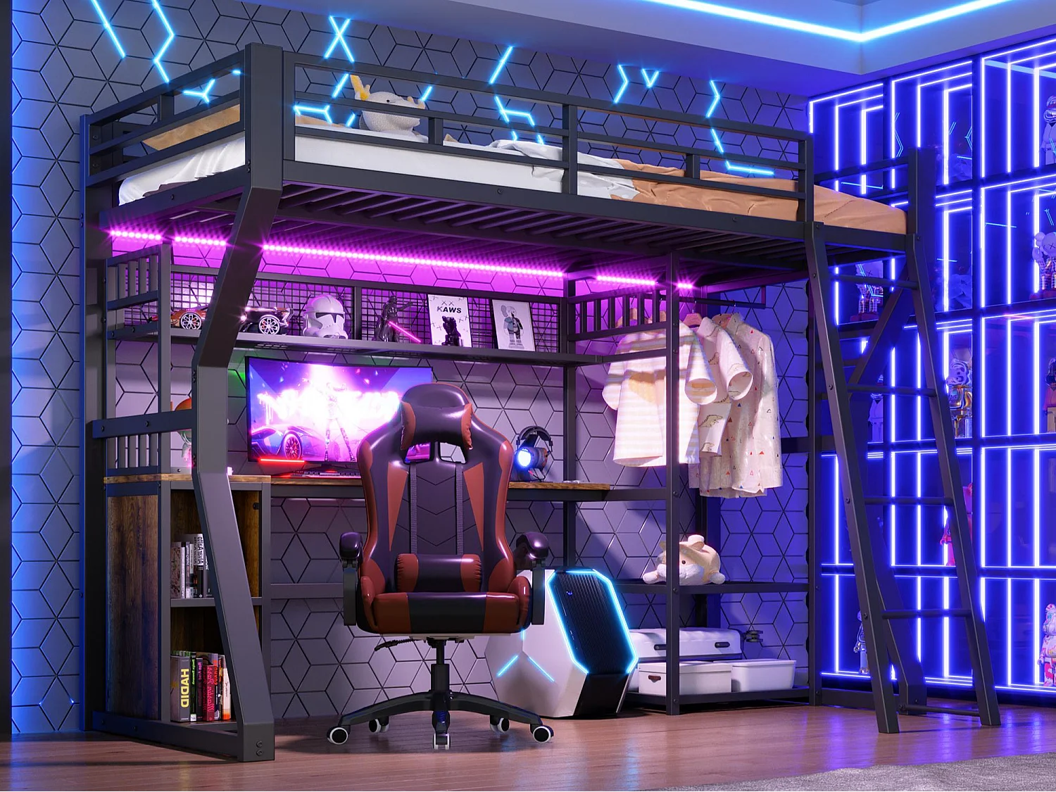 Hochbett 90 x 200 cm - Eisengestell - LED-Beleuchtung - Steckdose + Kleiderschrankbereich - Schreibtisch - schwarz​ (ohne Matratze)