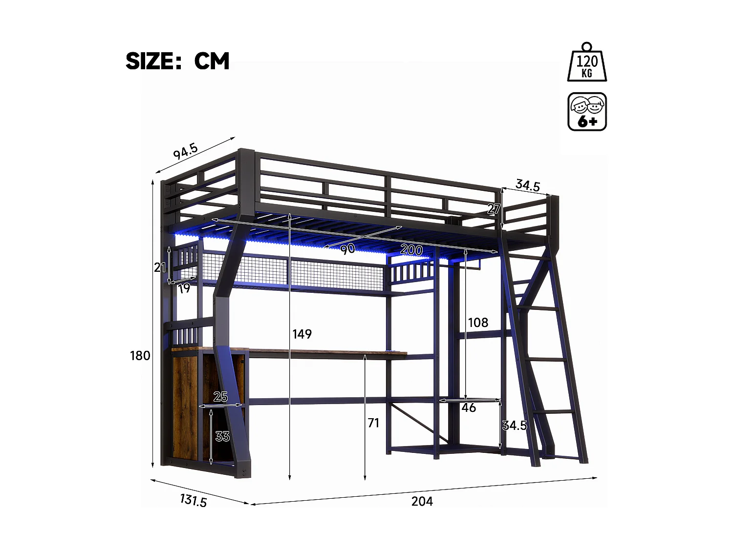 Hochbett 90 x 200 cm - Eisengestell - LED-Beleuchtung - Steckdose + Kleiderschrankbereich - Schreibtisch - schwarz​ (ohne Matratze)
