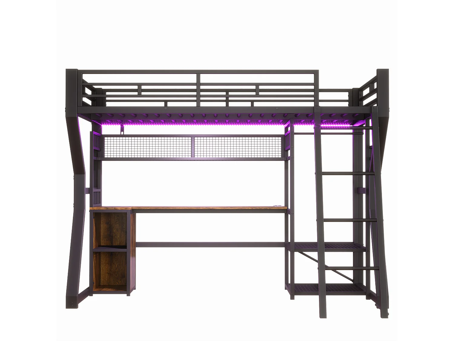 Hochbett 90 x 200 cm - Eisengestell - LED-Beleuchtung - Steckdose + Kleiderschrankbereich - Schreibtisch - schwarz​ (ohne Matratze)