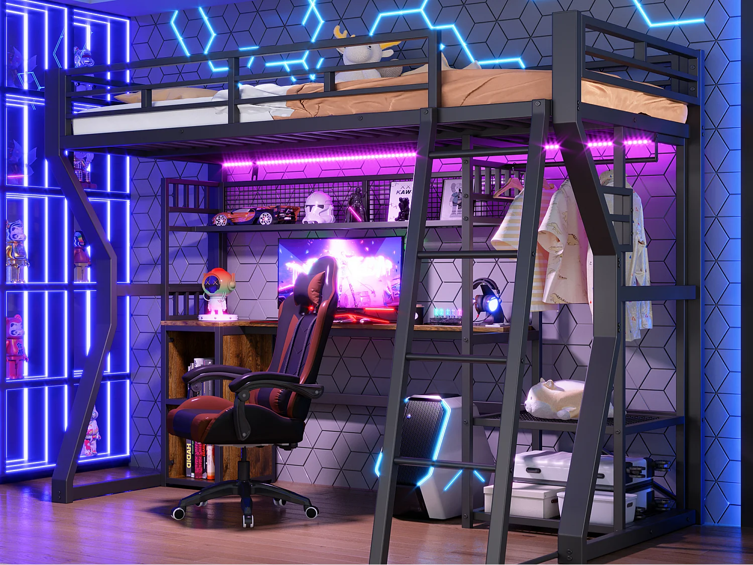 Hochbett 90 x 200 cm - Eisengestell - LED-Beleuchtung - Steckdose + Kleiderschrankbereich - Schreibtisch - schwarz​ (ohne Matratze)