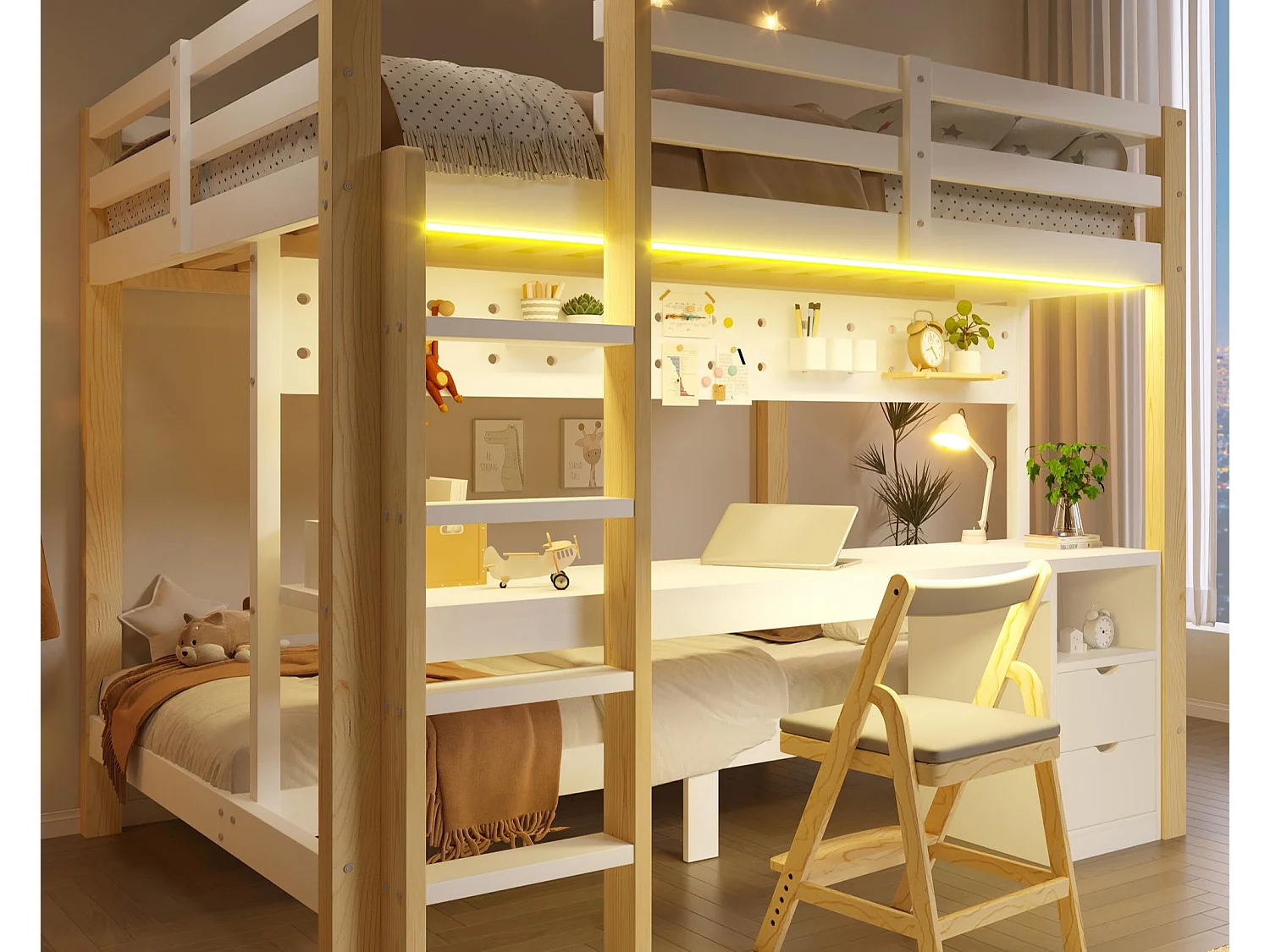 Etagenbett 90x200 cm + 140x200 cm - mit 2 Schubladen - mit Schreibtisch - mit LED-Beleuchtung - weiß+natur​ (ohne Matratze)