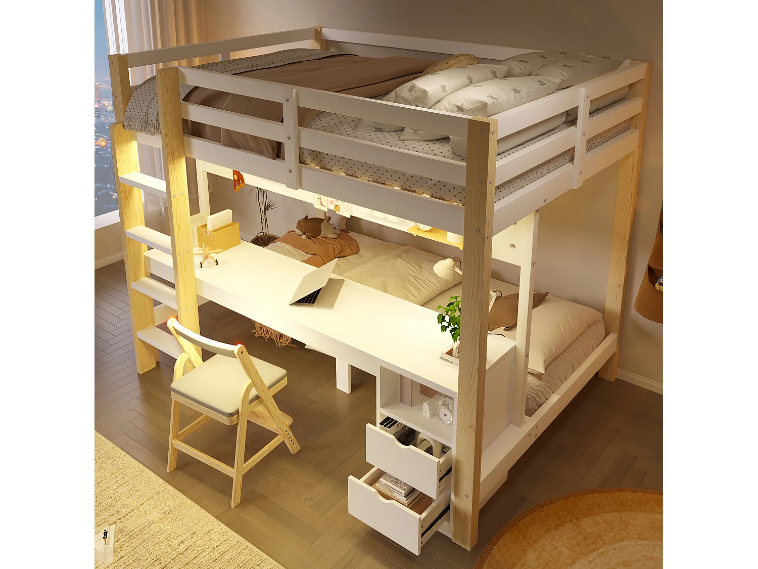 Etagenbett 90x200 cm + 140x200 cm - mit 2 Schubladen - mit Schreibtisch - mit LED-Beleuchtung - weiß+natur​ (ohne Matratze)