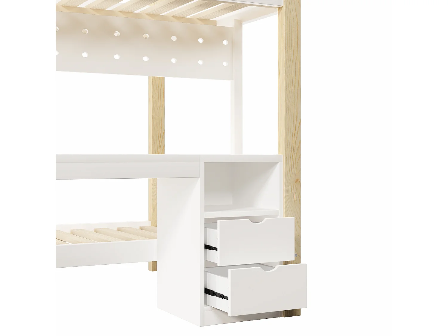 Etagenbett 90x200 cm + 140x200 cm - mit 2 Schubladen - mit Schreibtisch - mit LED-Beleuchtung - weiß+natur​ (ohne Matratze)