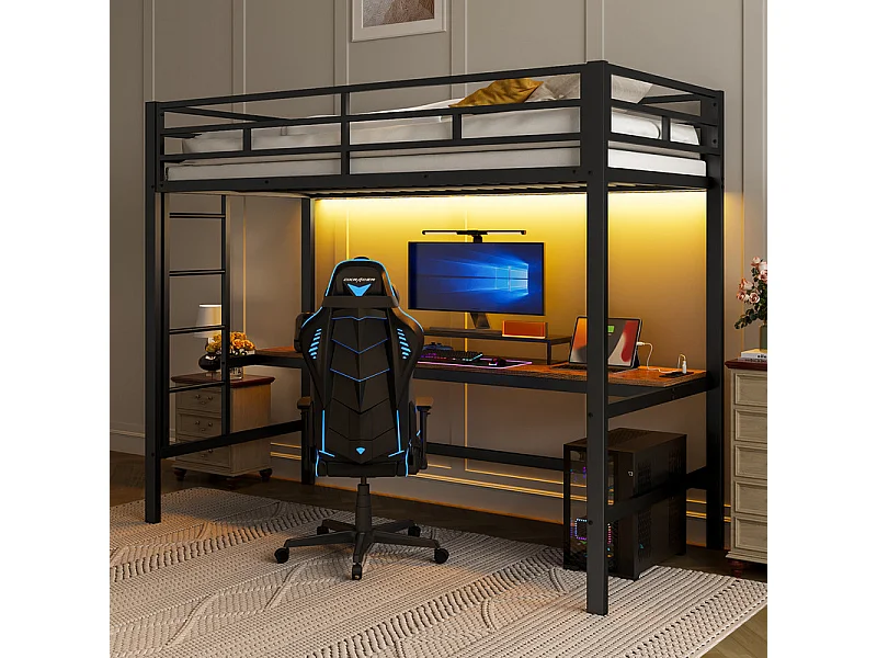 Lit mezzanine 90x200 cm - avec barrières - avec échelle - table avec USB et prises - bandeau lumineux filaire - métal - noir (matelas non inclus)