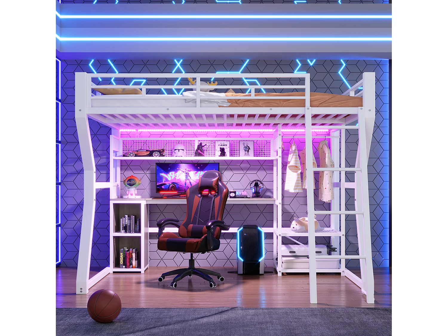Lit mezzanine pour enfant - 140 x 200 cm - structure en fer - avec Leds + bureau + rangements + étagères - MDF + métal - blanc