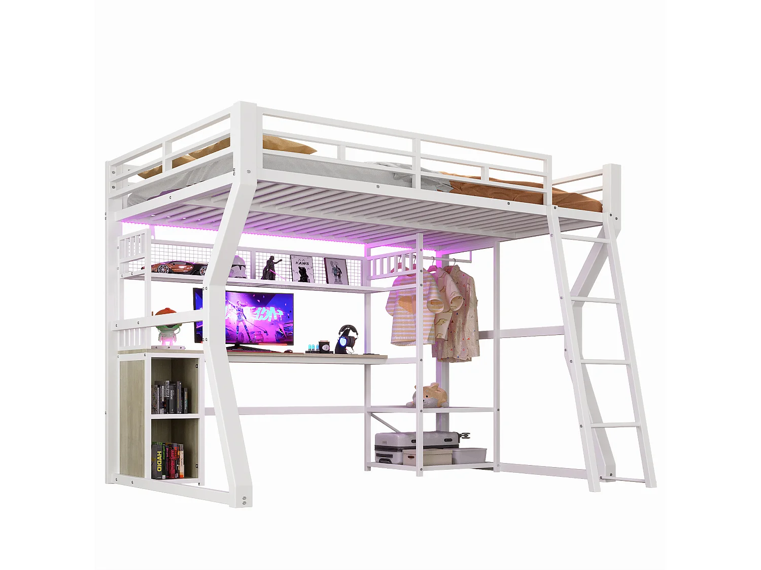 Lit mezzanine pour enfant - 140 x 200 cm - structure en fer - avec Leds + bureau + rangements + étagères - MDF + métal - blanc