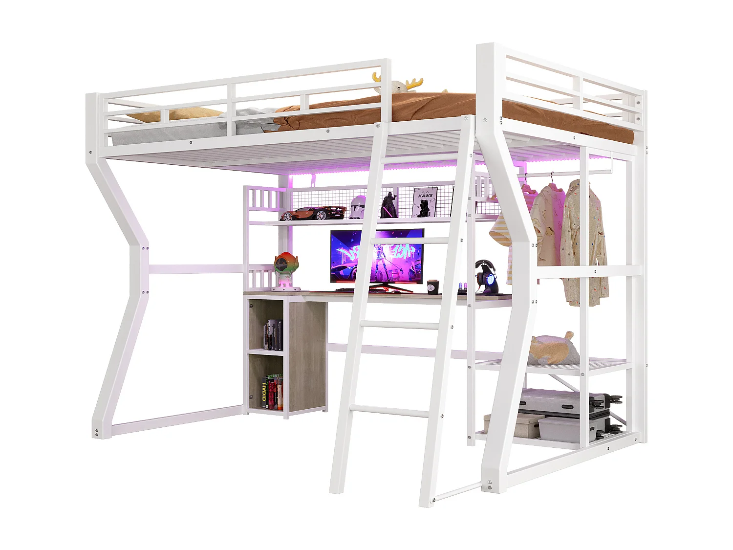 Lit mezzanine pour enfant - 140 x 200 cm - structure en fer - avec Leds + bureau + rangements + étagères - MDF + métal - blanc