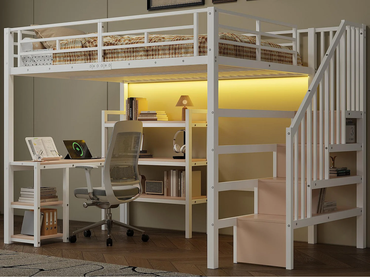 Lit mezzanine en métal 140x200 cm - Avec bureau et échelle de rangement - Port USB et éclairage LED - Blanc (sanas matelas)