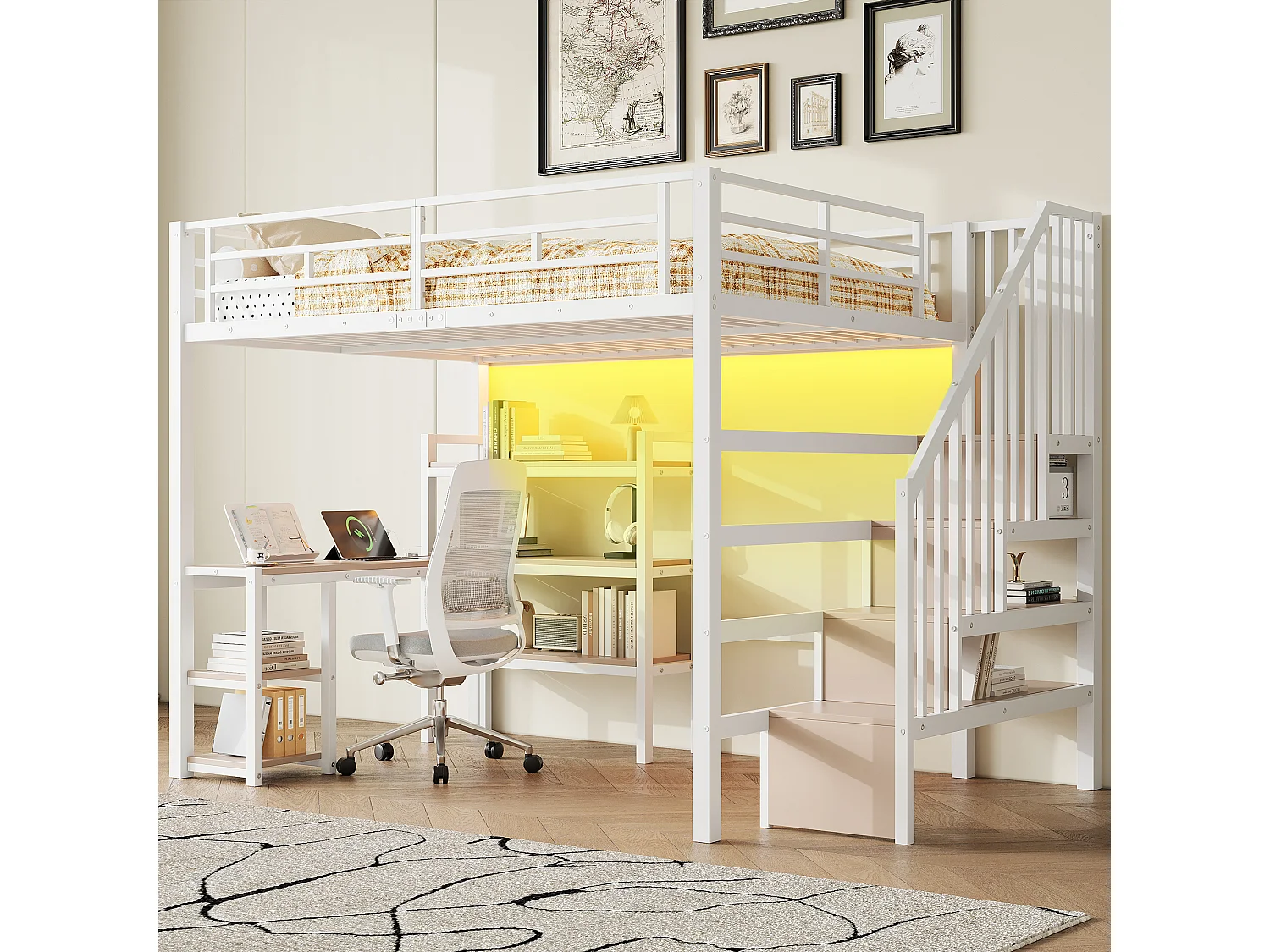 Lit mezzanine en métal 140x200 cm - Avec bureau et échelle de rangement - Port USB et éclairage LED - Blanc (sanas matelas)