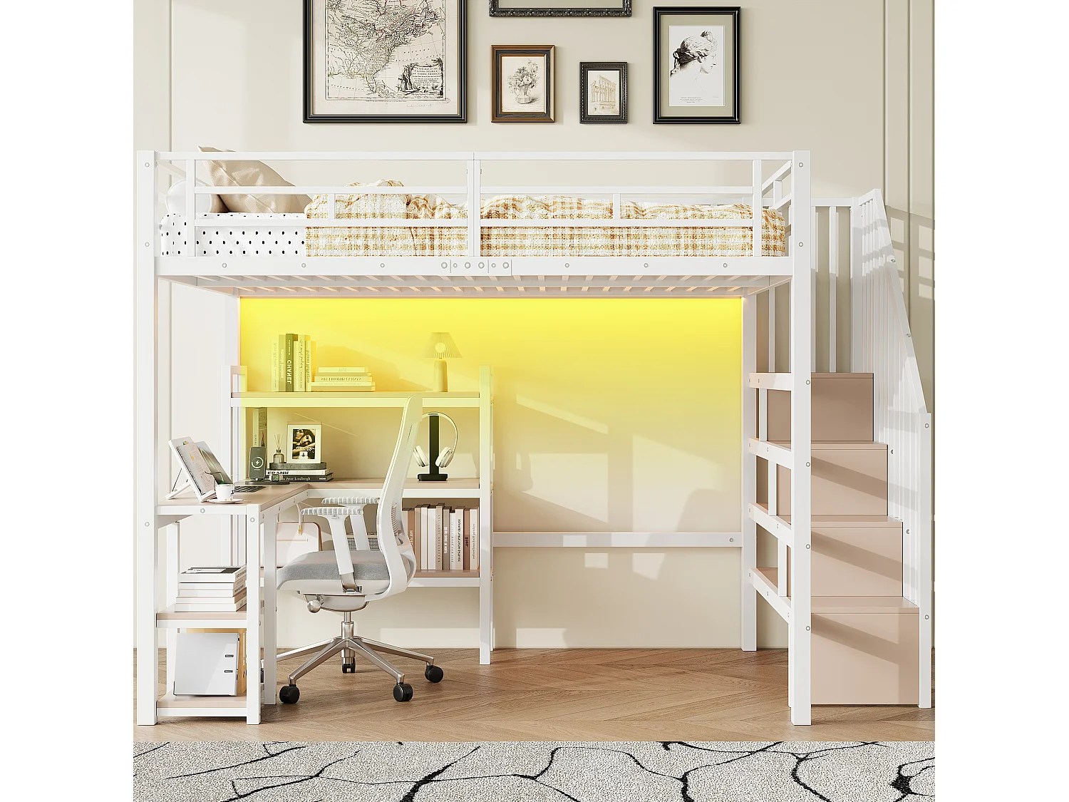 Lit mezzanine en métal 140x200 cm - Avec bureau et échelle de rangement - Port USB et éclairage LED - Blanc (sanas matelas)