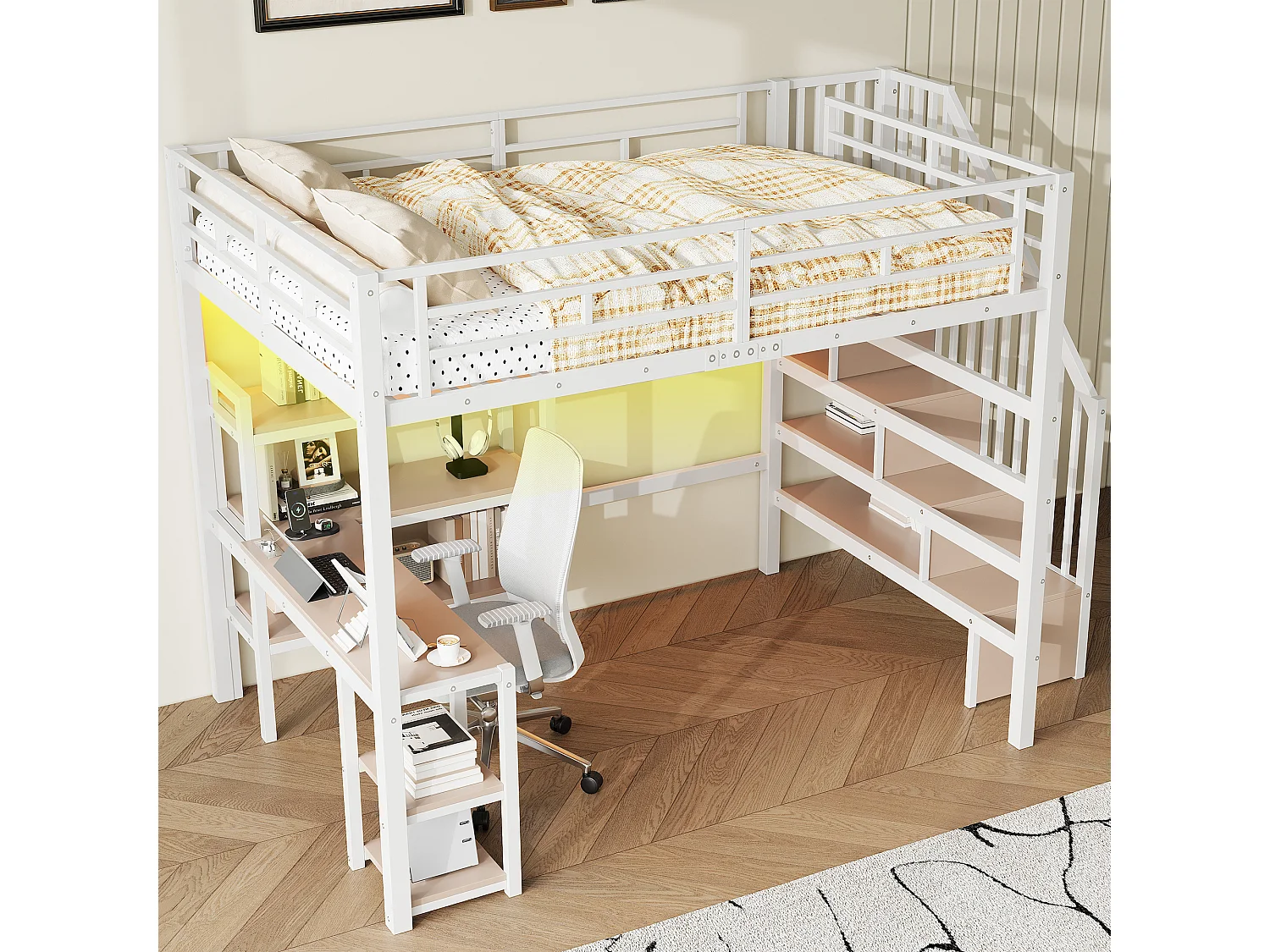 Lit mezzanine en métal 140x200 cm - Avec bureau et échelle de rangement - Port USB et éclairage LED - Blanc (sanas matelas)