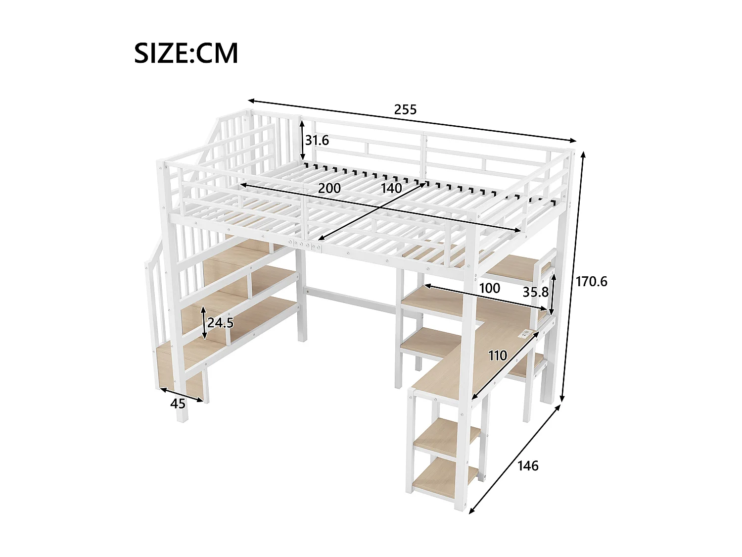 Lit mezzanine en métal 140x200 cm - Avec bureau et échelle de rangement - Port USB et éclairage LED - Blanc (sanas matelas)