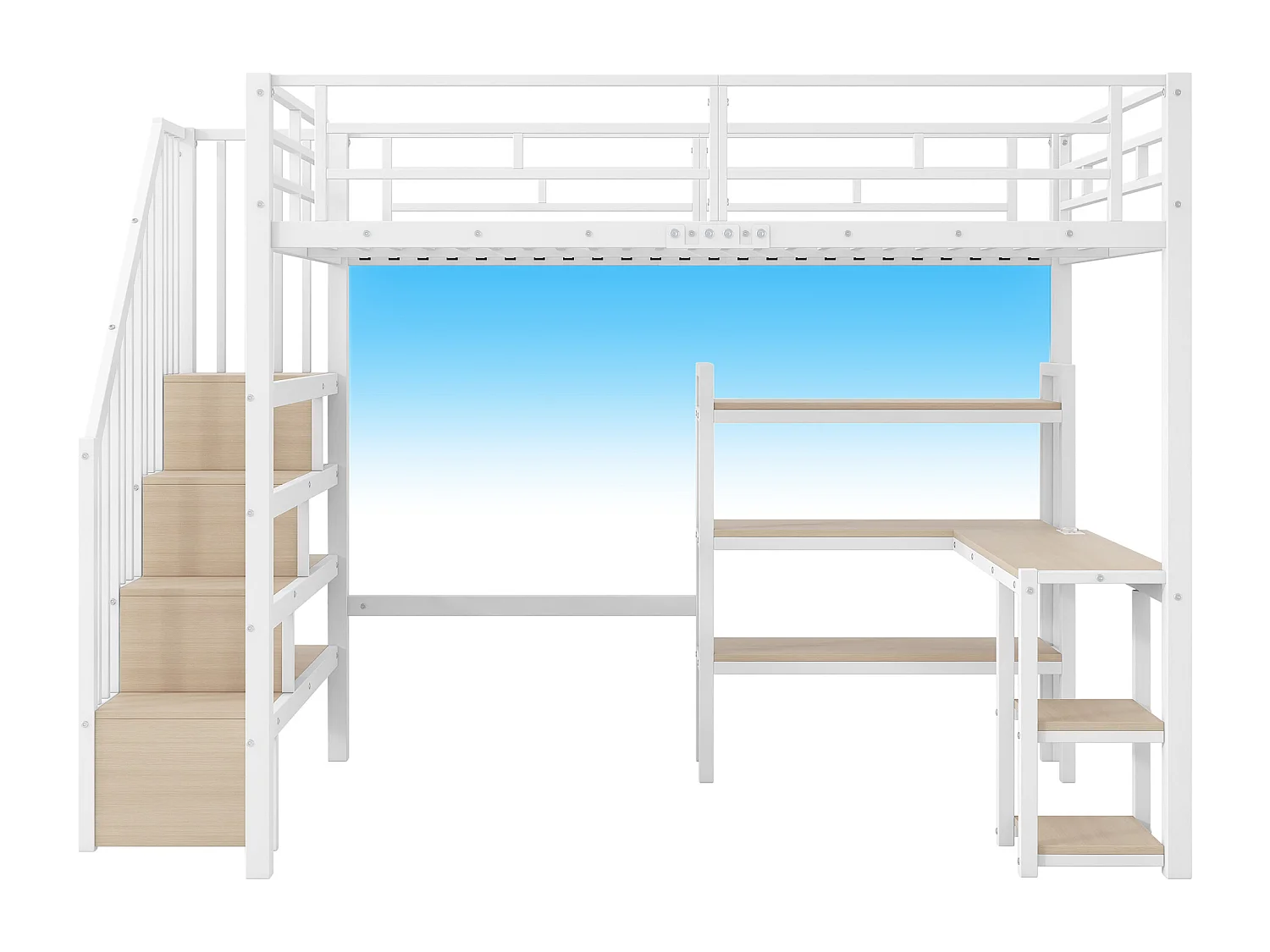 Lit mezzanine en métal 140x200 cm - Avec bureau et échelle de rangement - Port USB et éclairage LED - Blanc (sanas matelas)