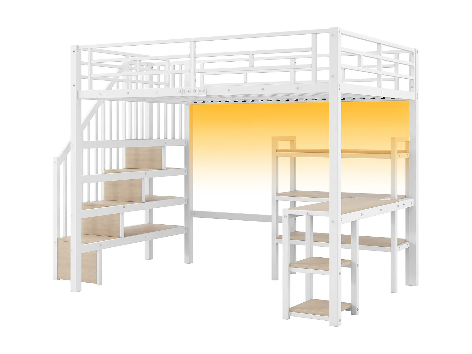 Lit mezzanine en métal 140x200 cm - Avec bureau et échelle de rangement - Port USB et éclairage LED - Blanc (sanas matelas)