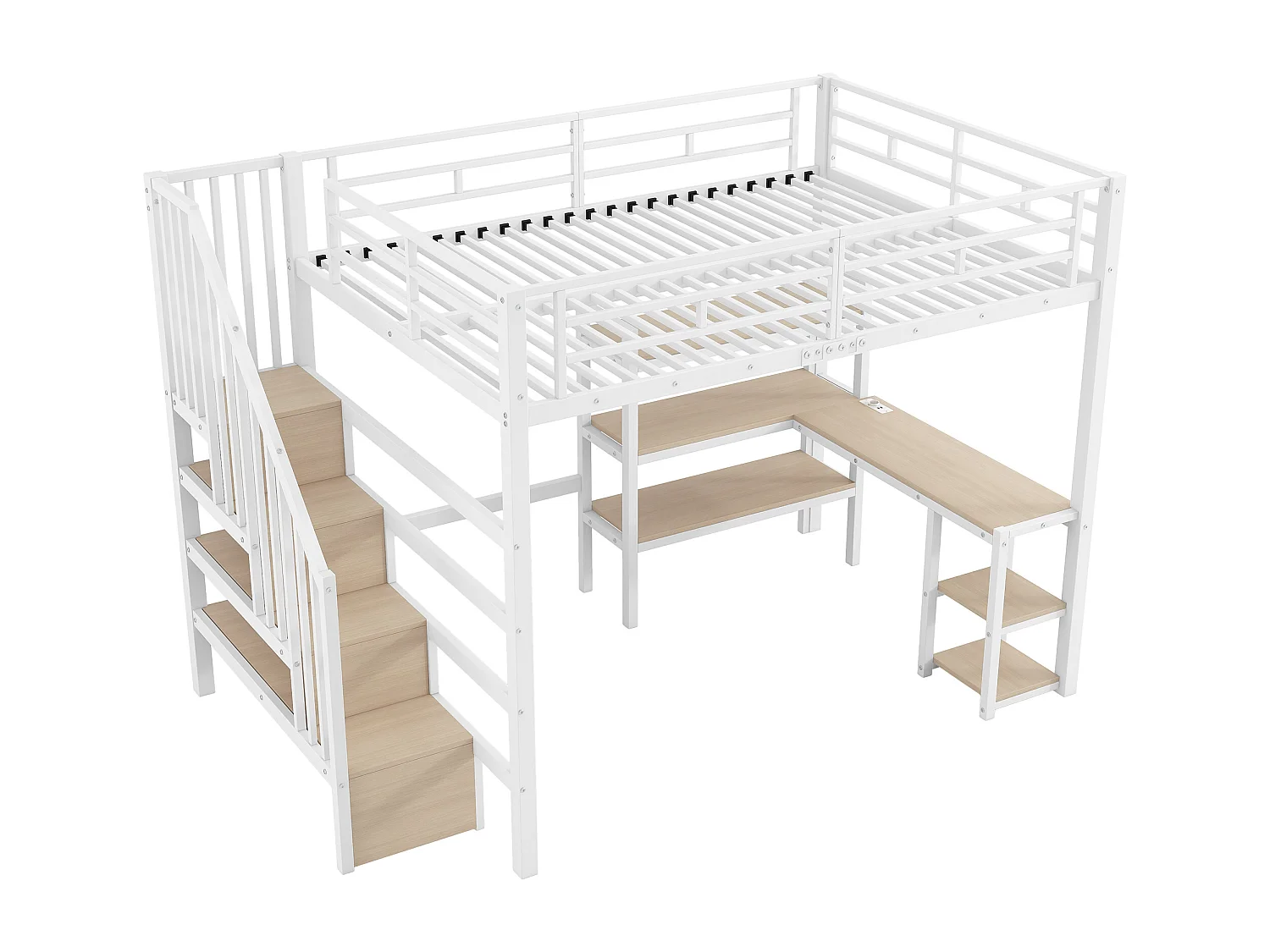 Lit mezzanine en métal 140x200 cm - Avec bureau et échelle de rangement - Port USB et éclairage LED - Blanc (sanas matelas)