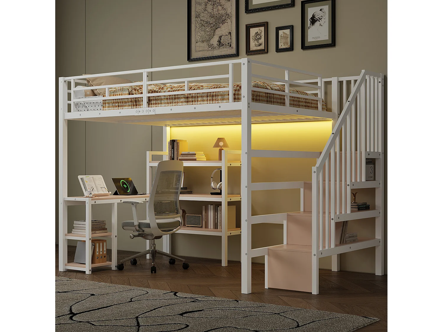 Lit mezzanine en métal - 140 x 200 - avec escalier de rangement + bureau + USB + Leds - blanc